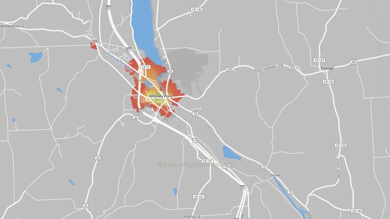 Walk Grade map of Whitney Point, NY, walkable areas in green and car-dependent areas in red