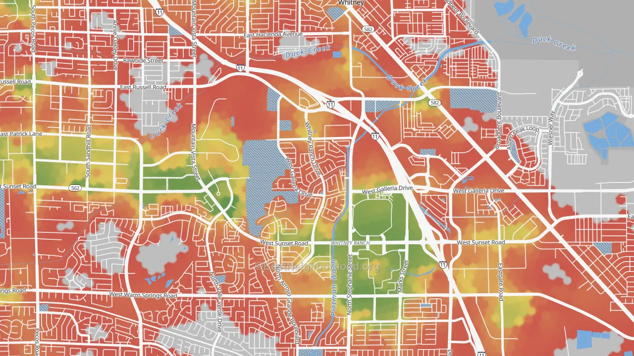 Walk Grade map of Whitney Ranch, Henderson, NV, walkable areas in green and car-dependent areas in red