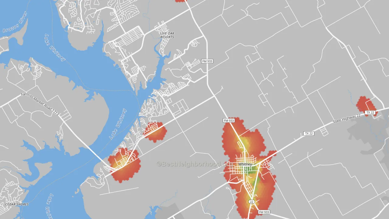 Walk Grade map of Whitney, TX, walkable areas in green and car-dependent areas in red