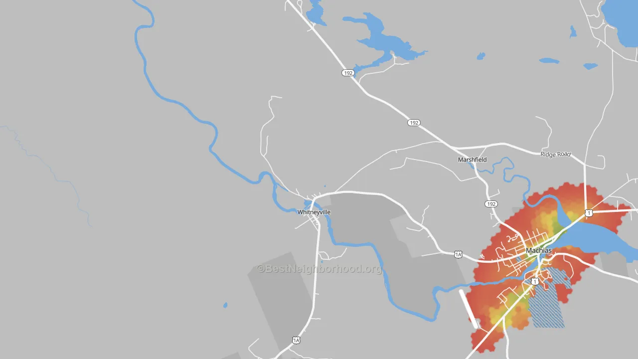 Walk Grade map of Whitneyville, ME, walkable areas in green and car-dependent areas in red