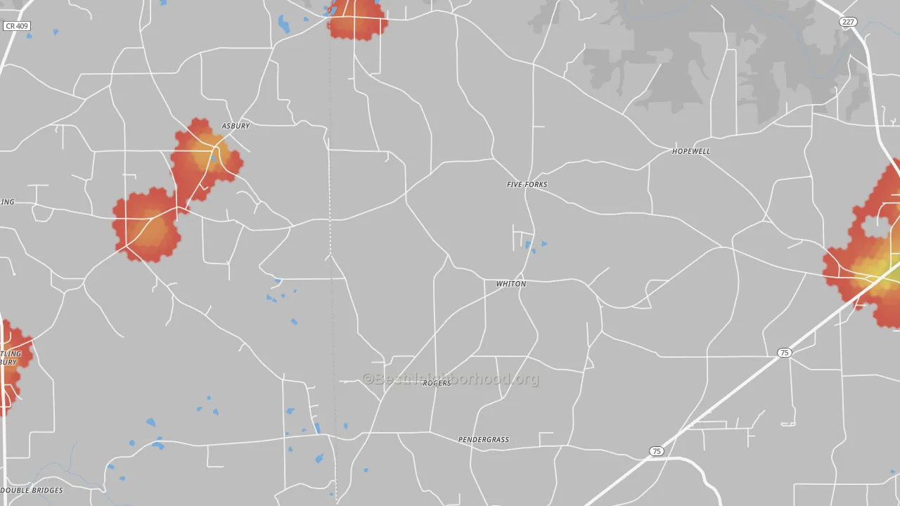 Walk Grade map of Whiton, AL, walkable areas in green and car-dependent areas in red