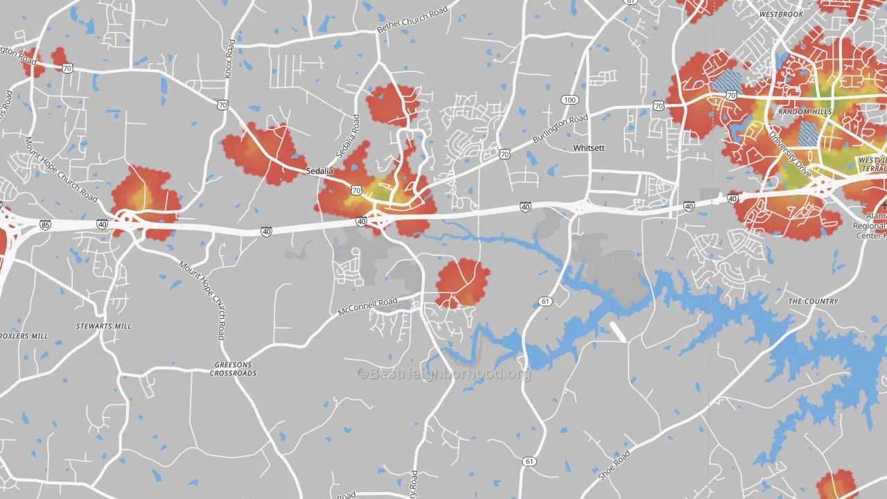 Walk Grade map of Whitsett, NC, walkable areas in green and car-dependent areas in red