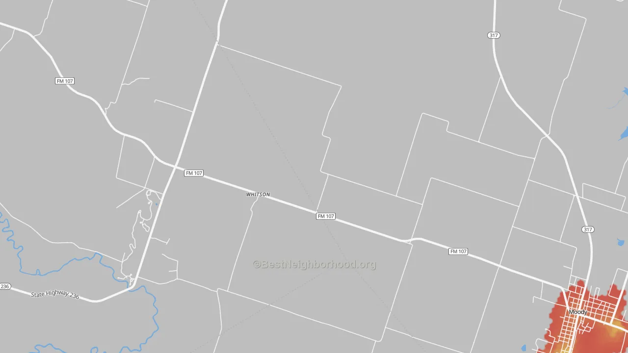 Walk Grade map of Whitson, TX, walkable areas in green and car-dependent areas in red