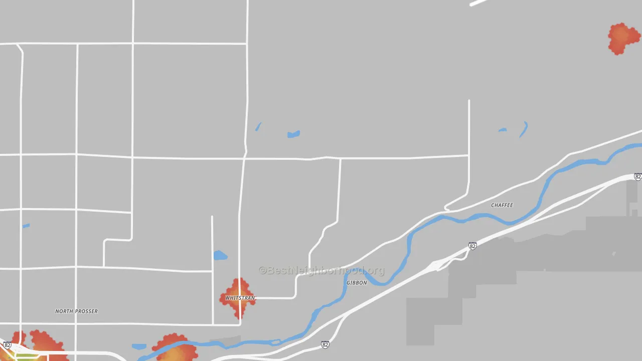 Walk Grade map of Whitstran, WA, walkable areas in green and car-dependent areas in red
