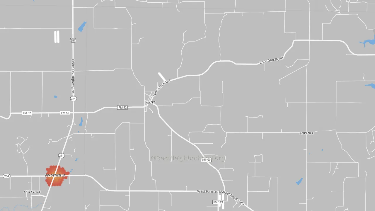 Walk Grade map of Whitt, TX, walkable areas in green and car-dependent areas in red