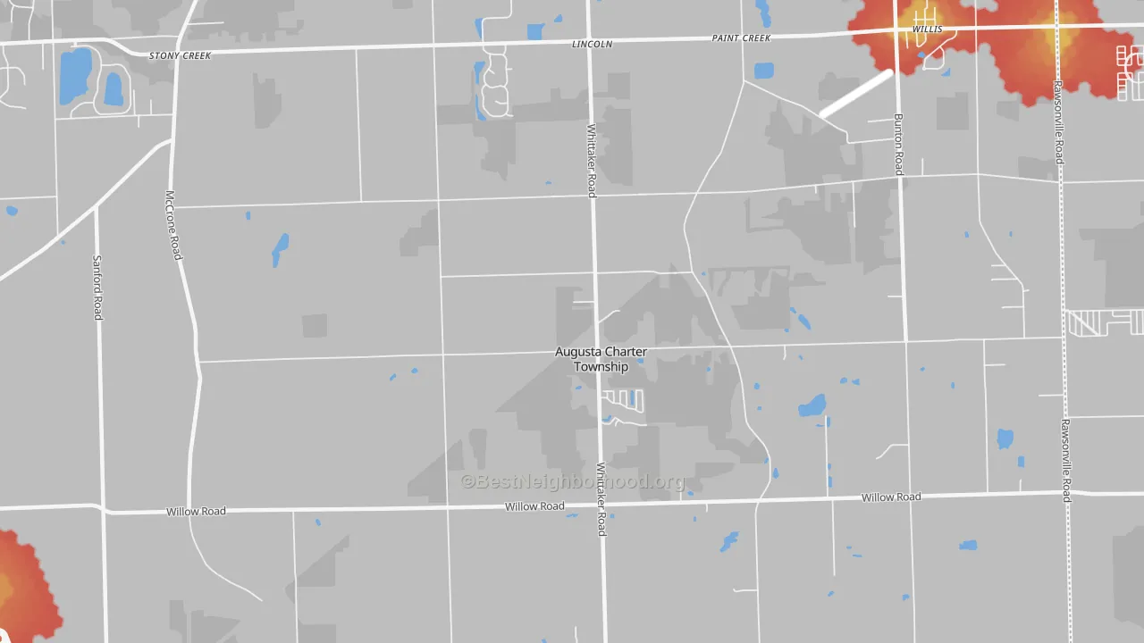 Walk Grade map of Whittaker, MI, walkable areas in green and car-dependent areas in red