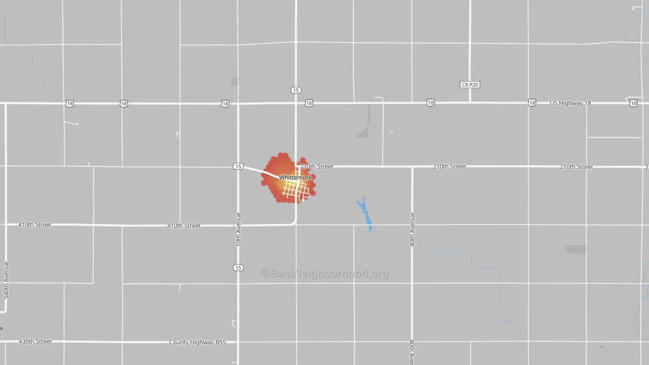 Walk Grade map of Whittemore, IA, walkable areas in green and car-dependent areas in red