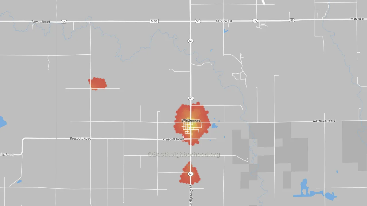 Walk Grade map of Whittemore, MI, walkable areas in green and car-dependent areas in red