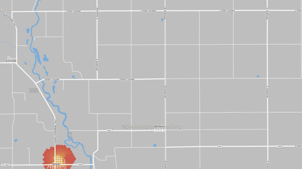 Walk Grade map of Whitten, IA, walkable areas in green and car-dependent areas in red