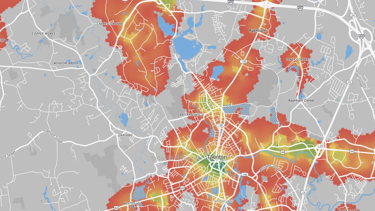 Walk Grade map of Whittenton, Taunton, MA, walkable areas in green and car-dependent areas in red