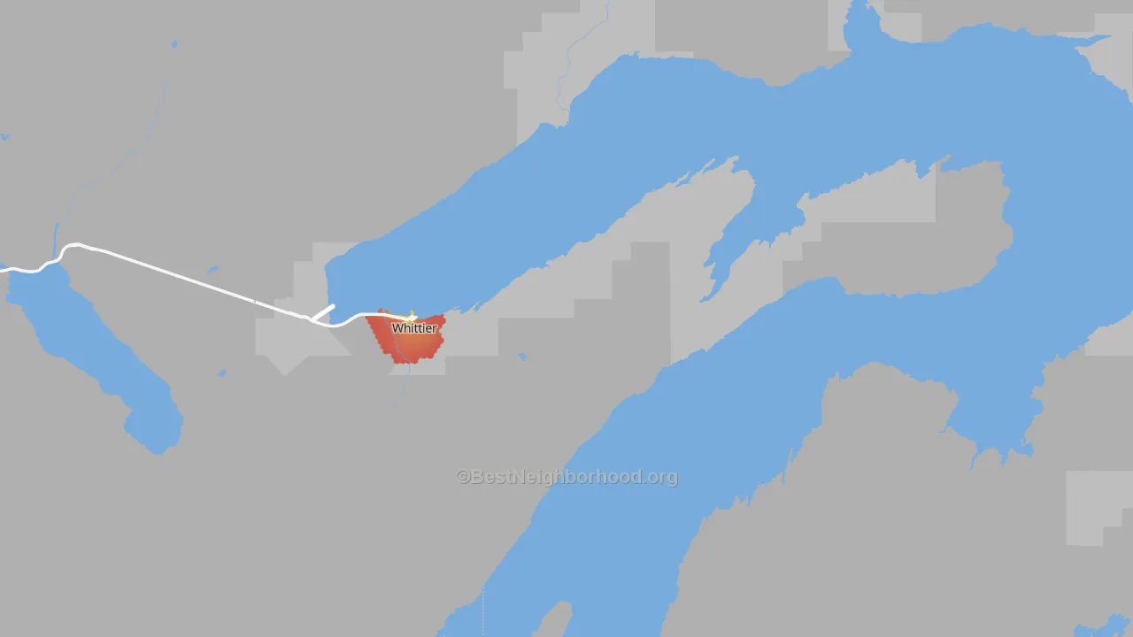 Walk Grade map of Whittier, AK, walkable areas in green and car-dependent areas in red