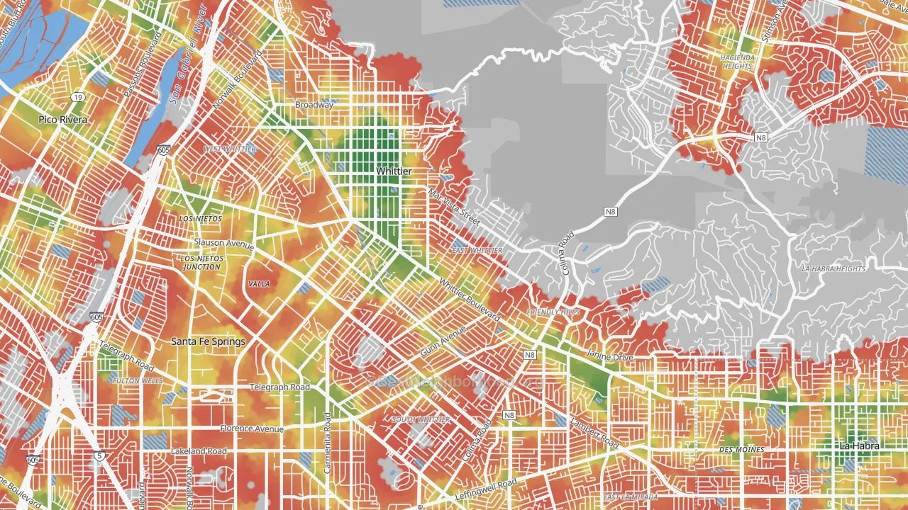 Walk Grade map of Whittier, CA, walkable areas in green and car-dependent areas in red