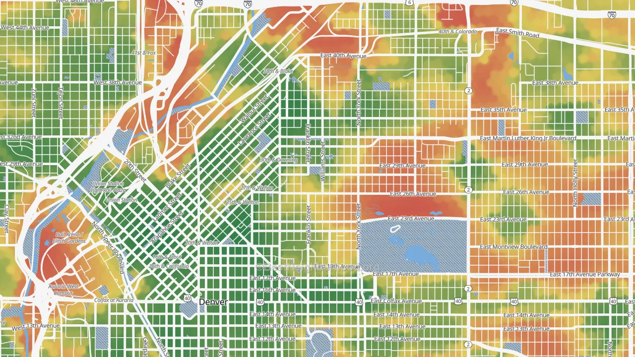 Walk Grade map of Whittier, Denver, CO, walkable areas in green and car-dependent areas in red