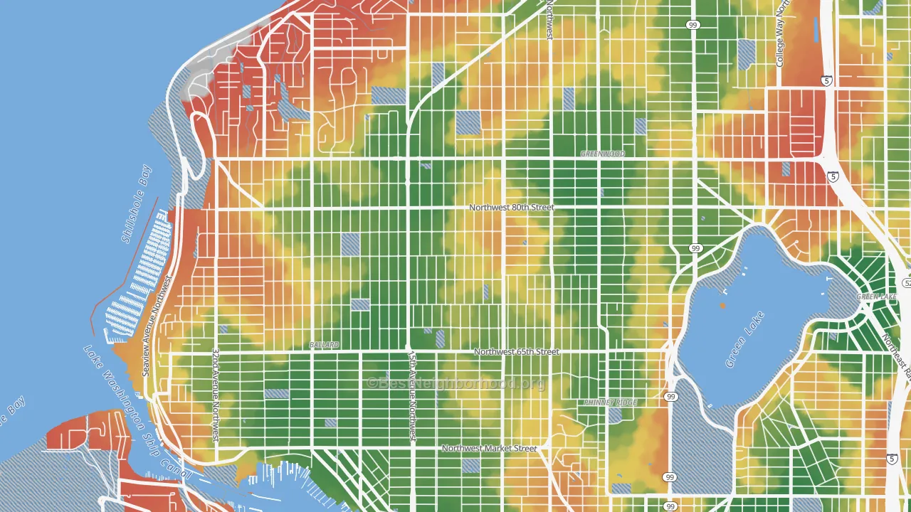 Walk Grade map of Whittier Heights, Seattle, WA, walkable areas in green and car-dependent areas in red