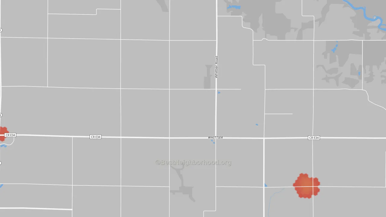 Walk Grade map of Whittier, IA, walkable areas in green and car-dependent areas in red