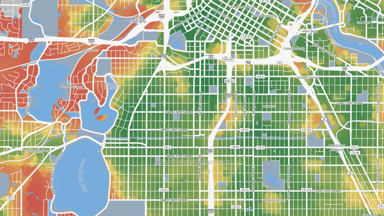 Walk Grade map of Whittier, Minneapolis, MN, walkable areas in green and car-dependent areas in red