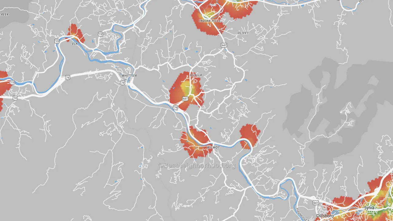 Walk Grade map of Whittier, NC, walkable areas in green and car-dependent areas in red