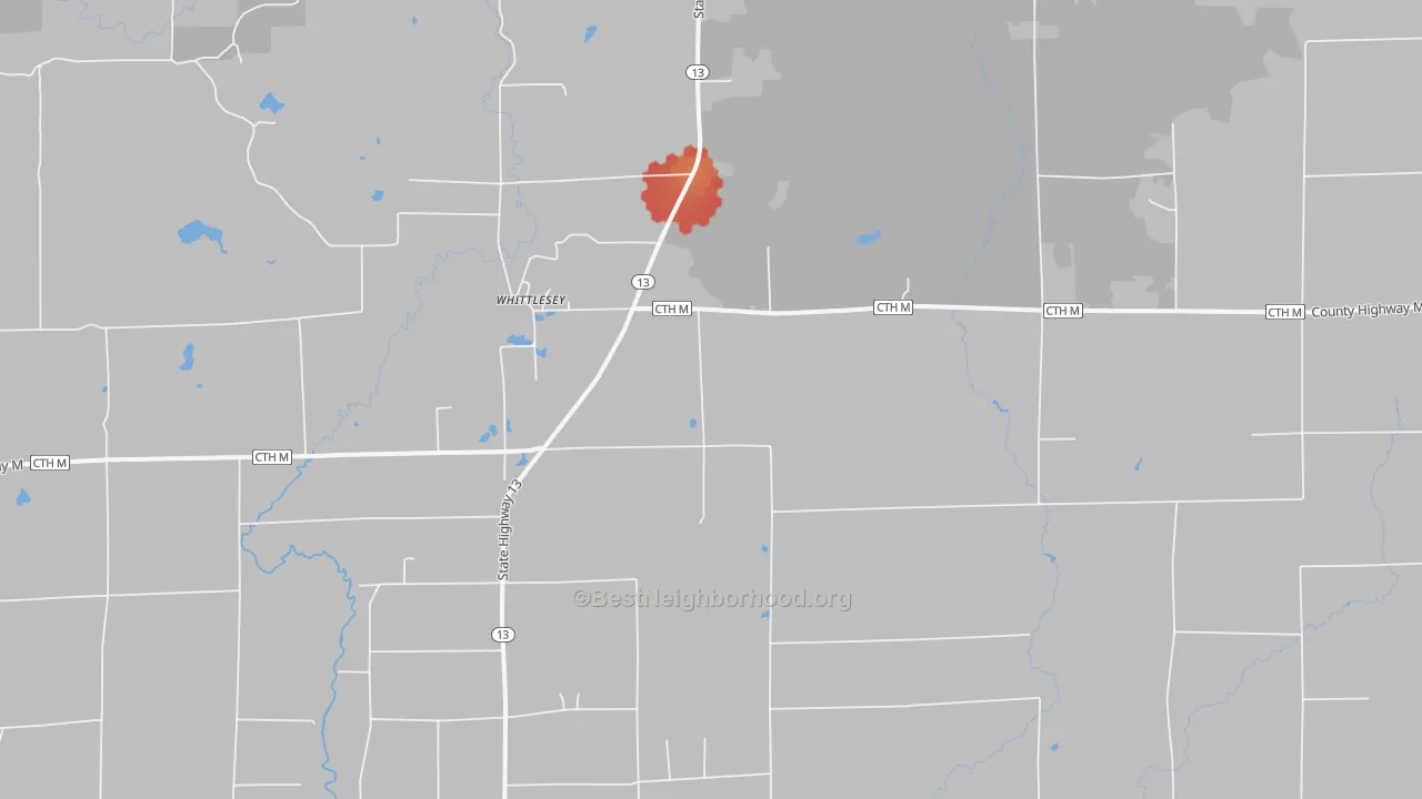 Walk Grade map of Whittlesey, WI, walkable areas in green and car-dependent areas in red