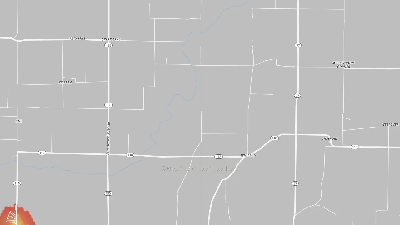Walk Grade map of Whitton, AR, walkable areas in green and car-dependent areas in red