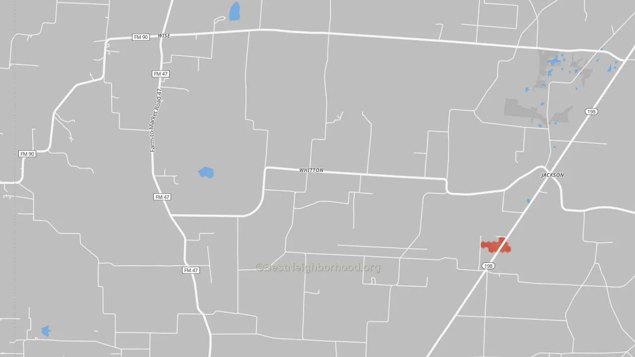 Walk Grade map of Whitton, TX, walkable areas in green and car-dependent areas in red