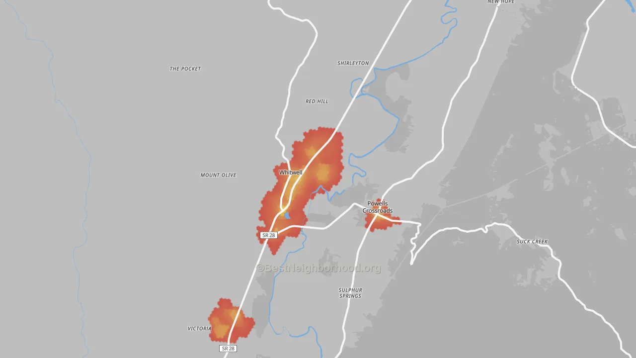 Walk Grade map of Whitwell, TN, walkable areas in green and car-dependent areas in red