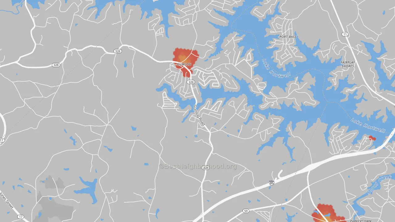 Walk Grade map of Whitworth, GA, walkable areas in green and car-dependent areas in red