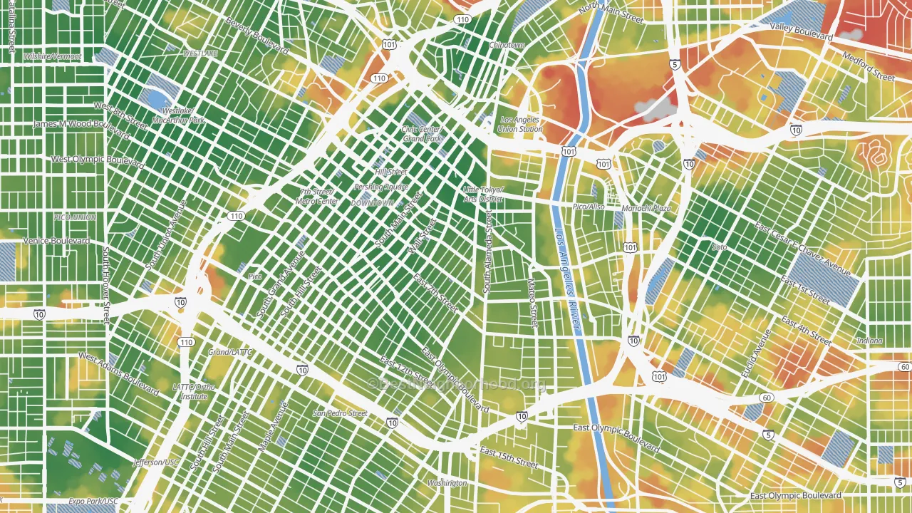 Walk Grade map of Wholesale District-Skid Row, Los Angeles, CA, walkable areas in green and car-dependent areas in red