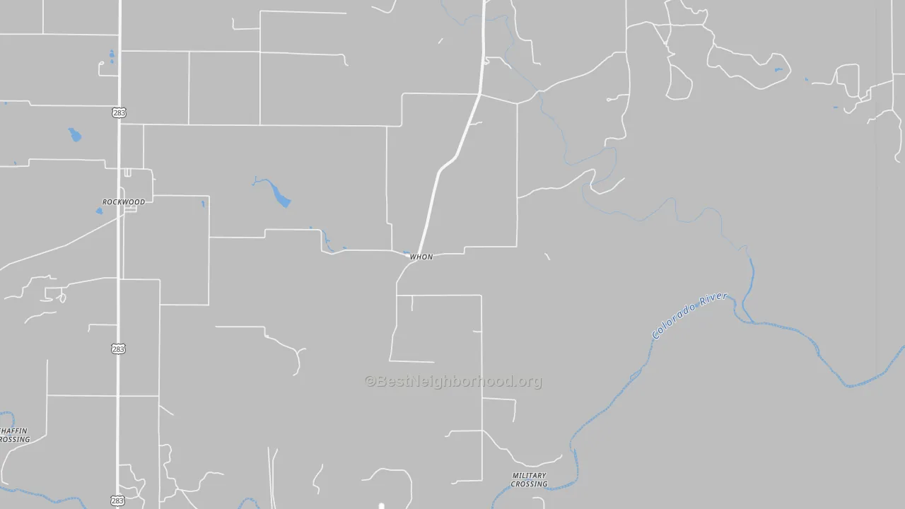 Walk Grade map of Whon, TX, walkable areas in green and car-dependent areas in red