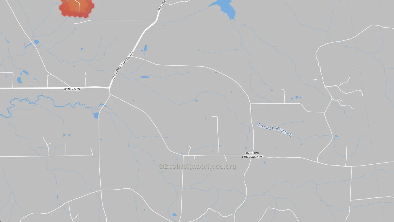 Walk Grade map of Whorton, AL, walkable areas in green and car-dependent areas in red
