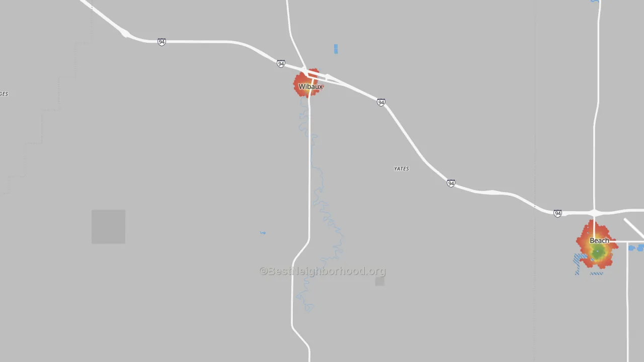 Walk Grade map of Wibaux, MT, walkable areas in green and car-dependent areas in red