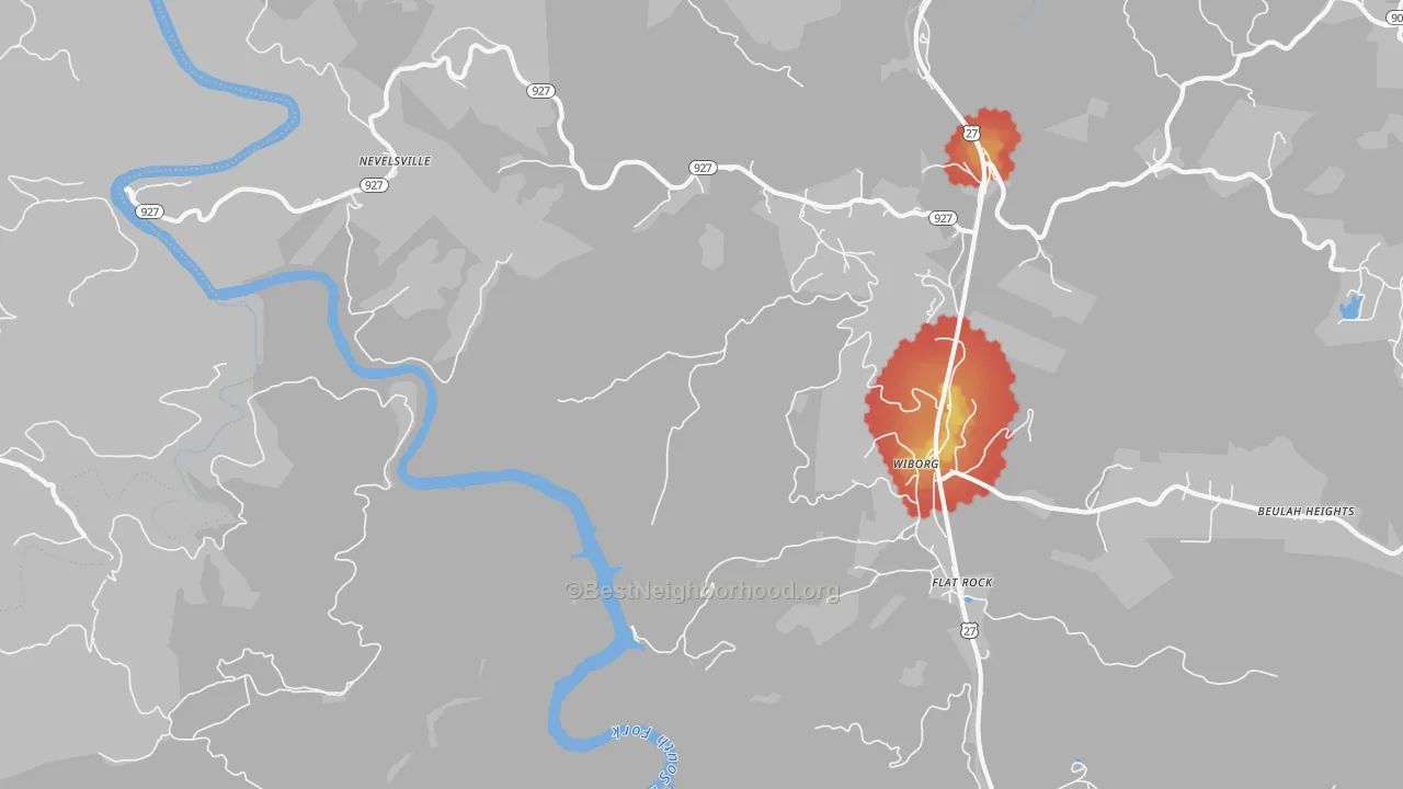 Walk Grade map of Wiborg, KY, walkable areas in green and car-dependent areas in red