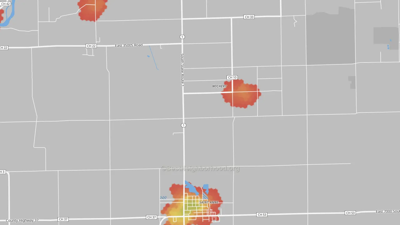 Walk Grade map of Wichert, IL, walkable areas in green and car-dependent areas in red