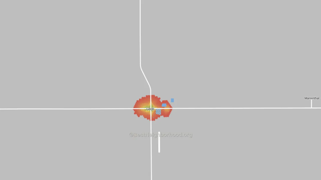 Walk Grade map of Wichita County, KS, walkable areas in green and car-dependent areas in red