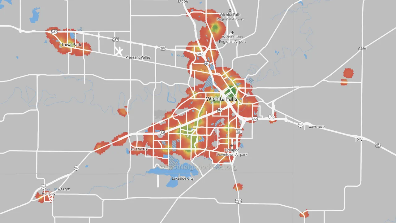 Walk Grade map of Wichita Falls, TX, walkable areas in green and car-dependent areas in red