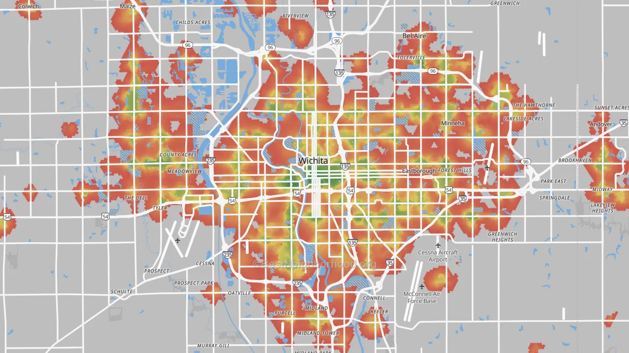 Walk Grade map of Wichita, KS, walkable areas in green and car-dependent areas in red