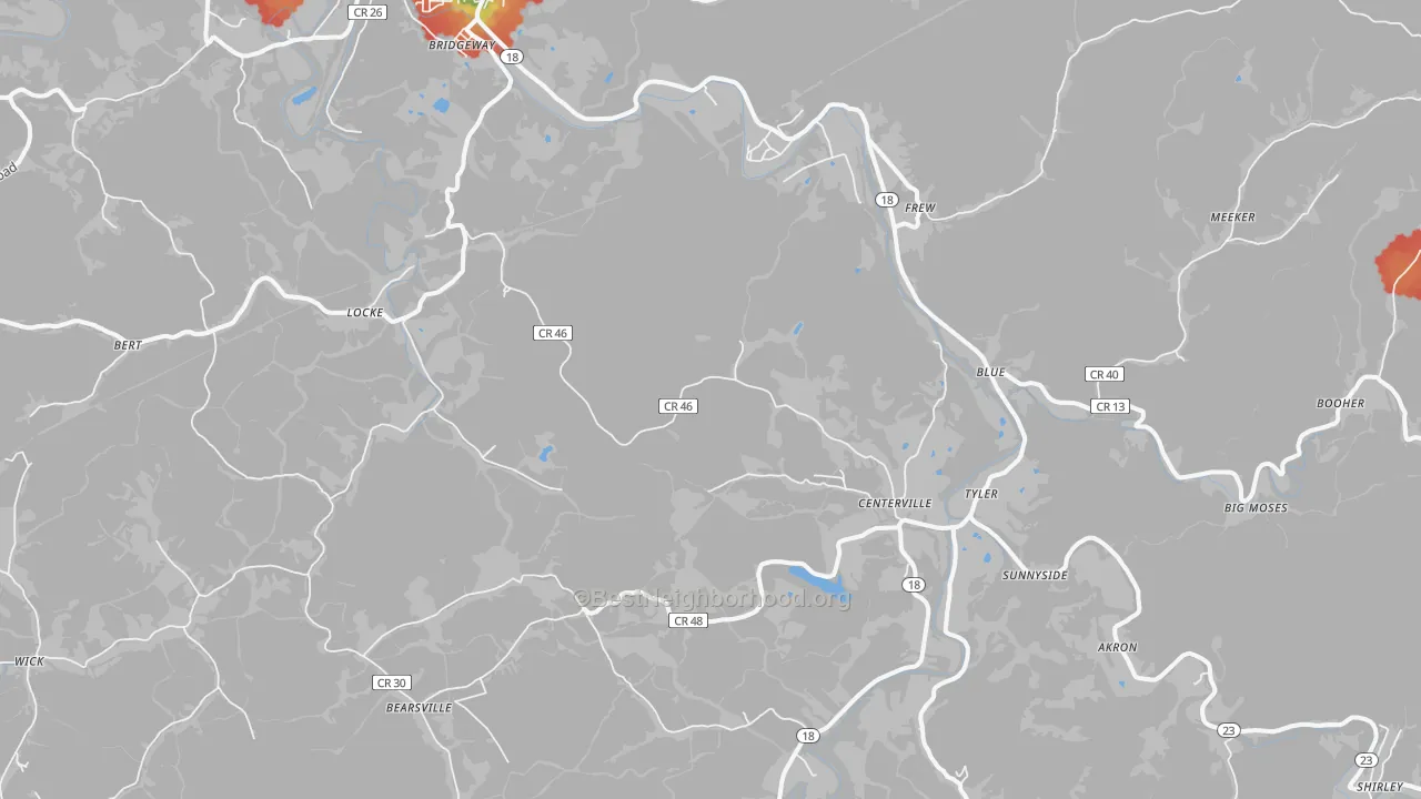 Walk Grade map of Wick, WV, walkable areas in green and car-dependent areas in red