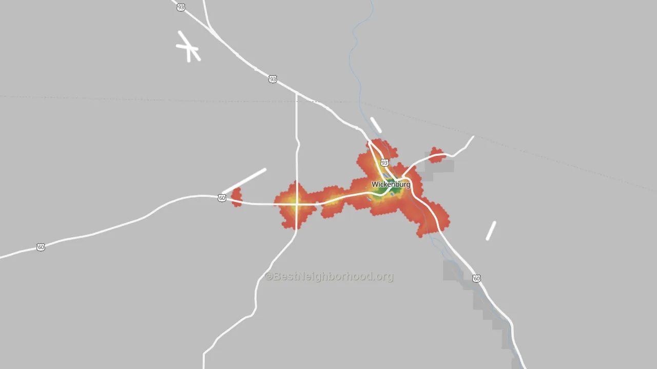 Walk Grade map of Wickenburg, AZ, walkable areas in green and car-dependent areas in red