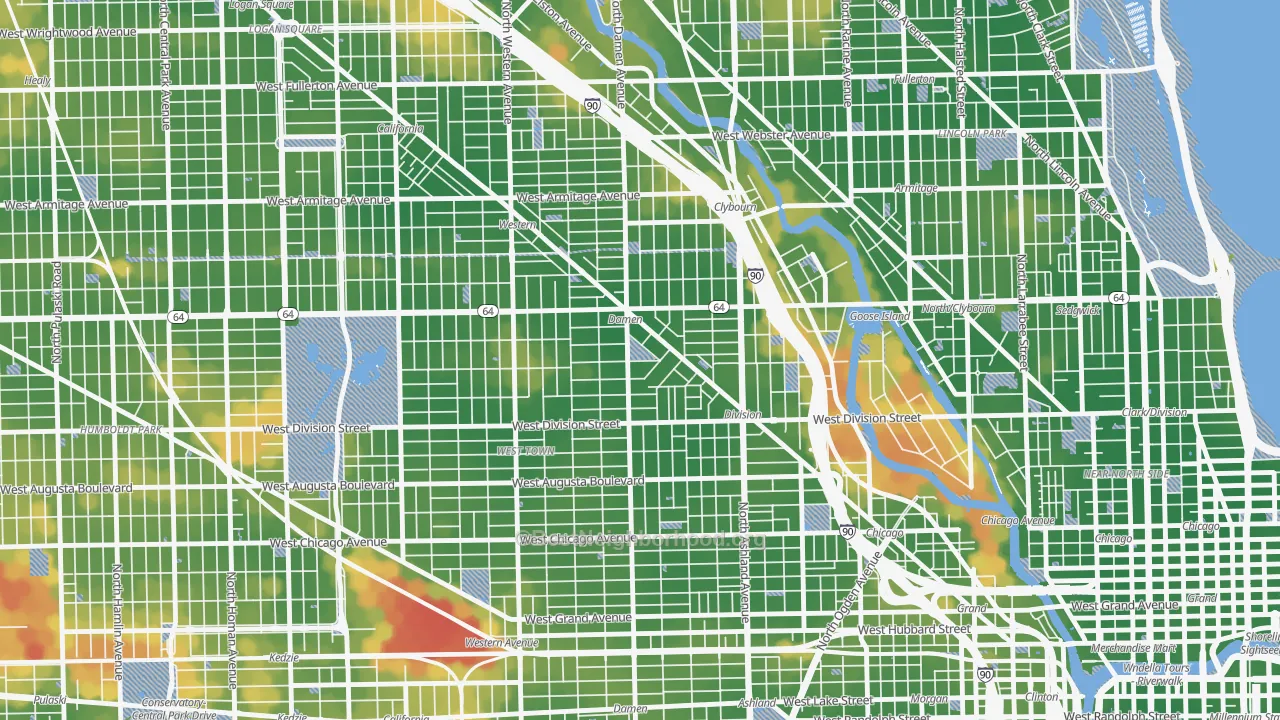 Walk Grade map of Wicker Park, Chicago, IL, walkable areas in green and car-dependent areas in red