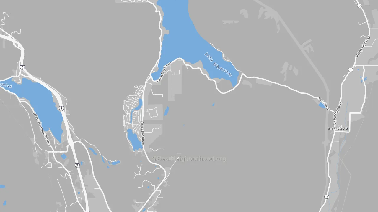 Walk Grade map of Wickersham, WA, walkable areas in green and car-dependent areas in red