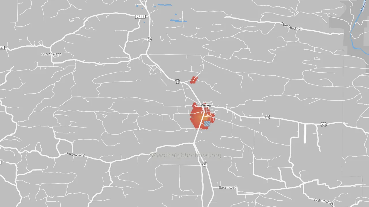 Walk Grade map of Wickes, AR, walkable areas in green and car-dependent areas in red