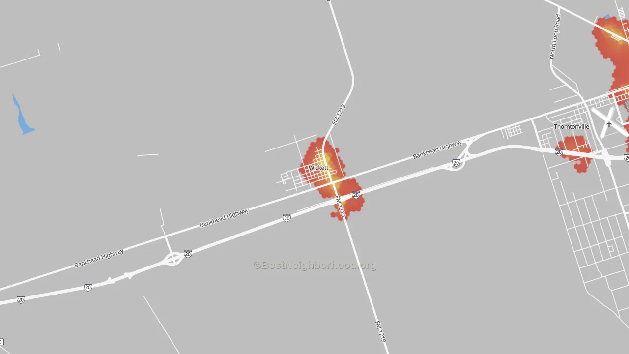 Walk Grade map of Wickett, TX, walkable areas in green and car-dependent areas in red