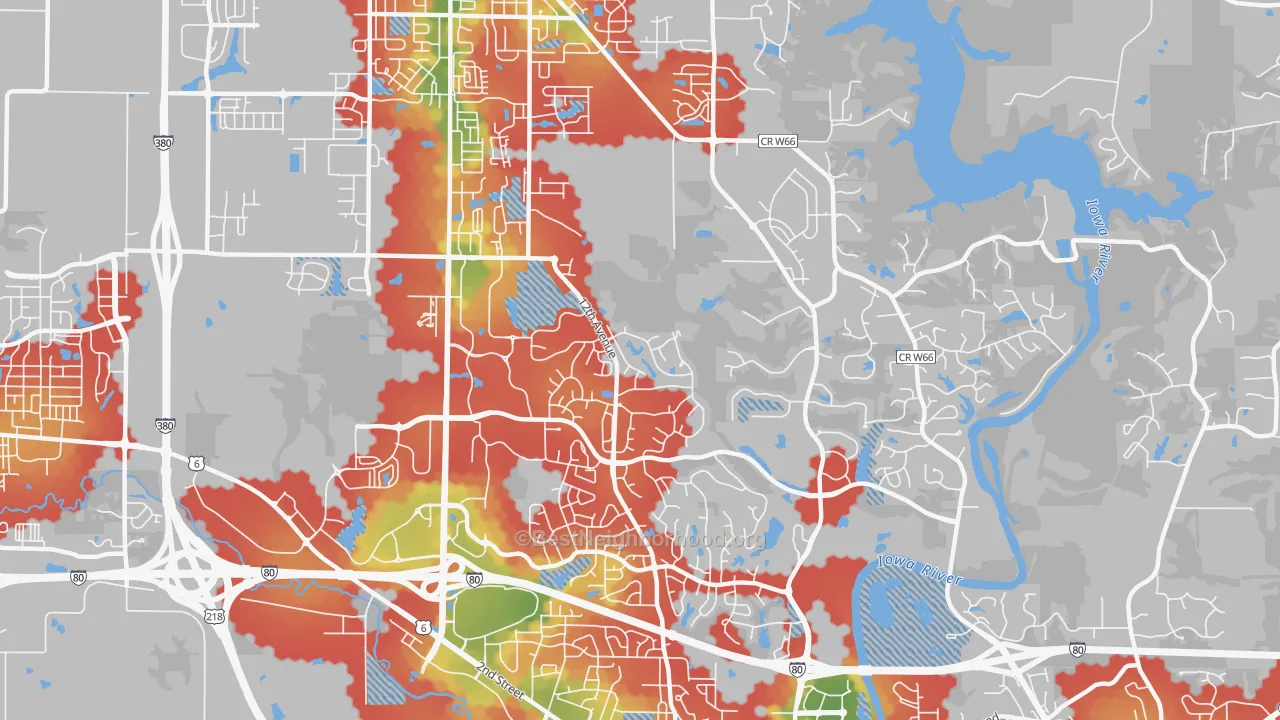 Walk Grade map of Wickham, Coralville, IA, walkable areas in green and car-dependent areas in red