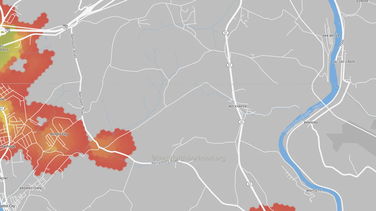 Walk Grade map of Wickhaven, PA, walkable areas in green and car-dependent areas in red