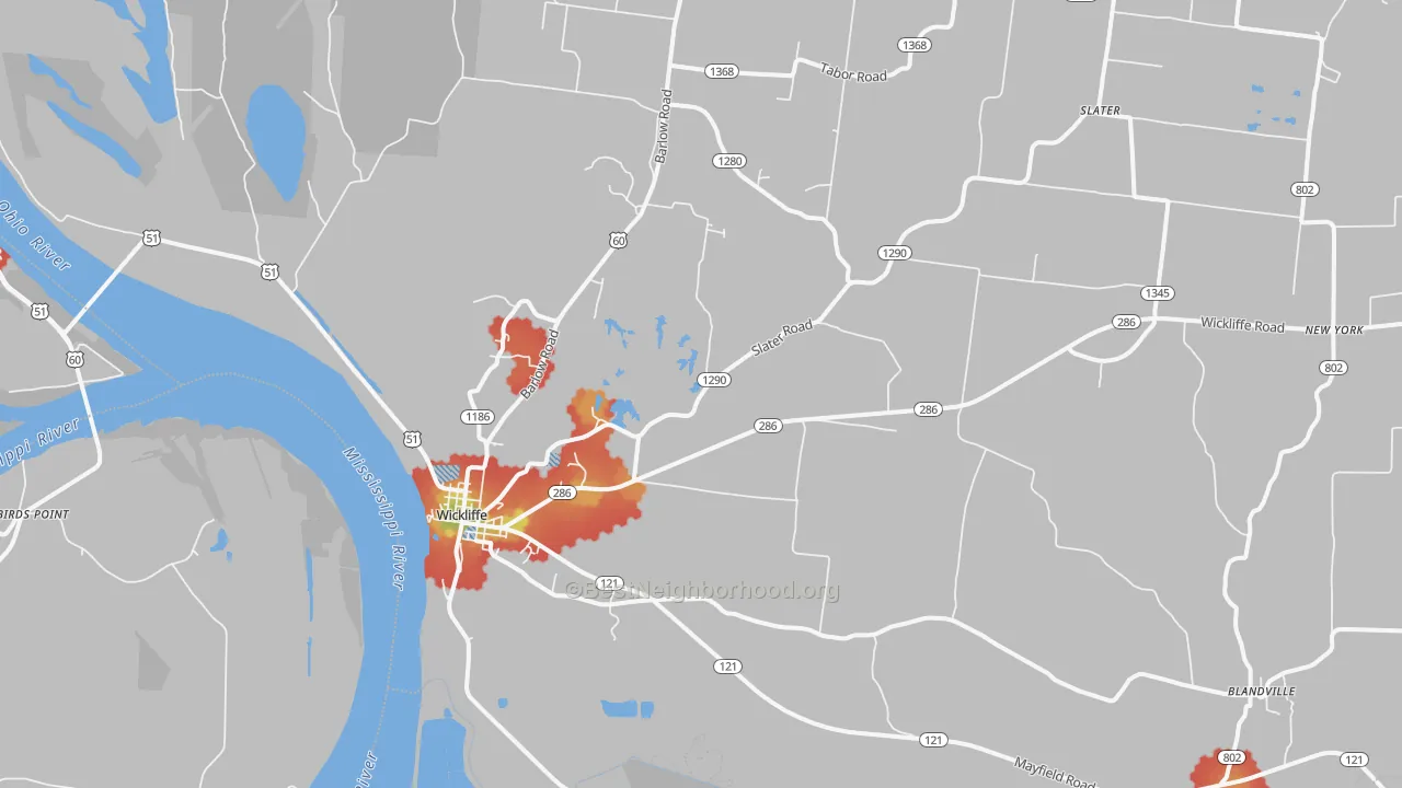 Walk Grade map of Wickliffe, KY, walkable areas in green and car-dependent areas in red