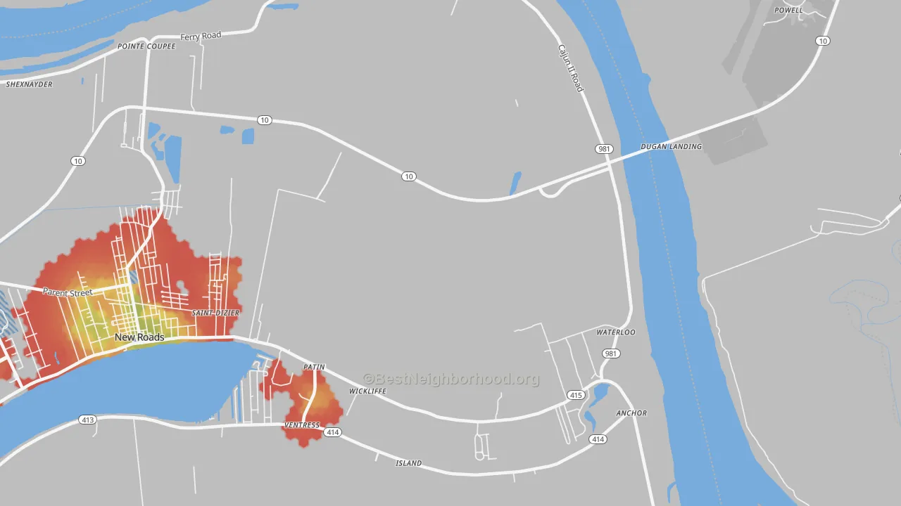 Walk Grade map of Wickliffe, LA, walkable areas in green and car-dependent areas in red
