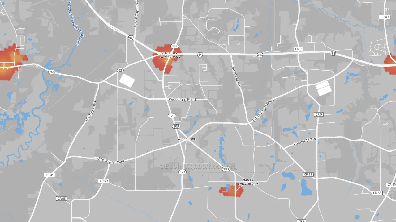 Walk Grade map of Wicksburg, AL, walkable areas in green and car-dependent areas in red