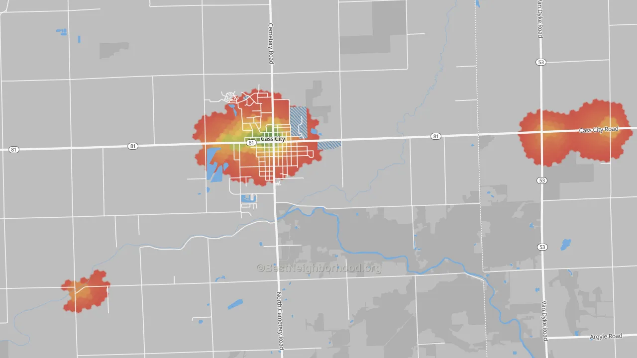 Walk Grade map of Wickware, MI, walkable areas in green and car-dependent areas in red