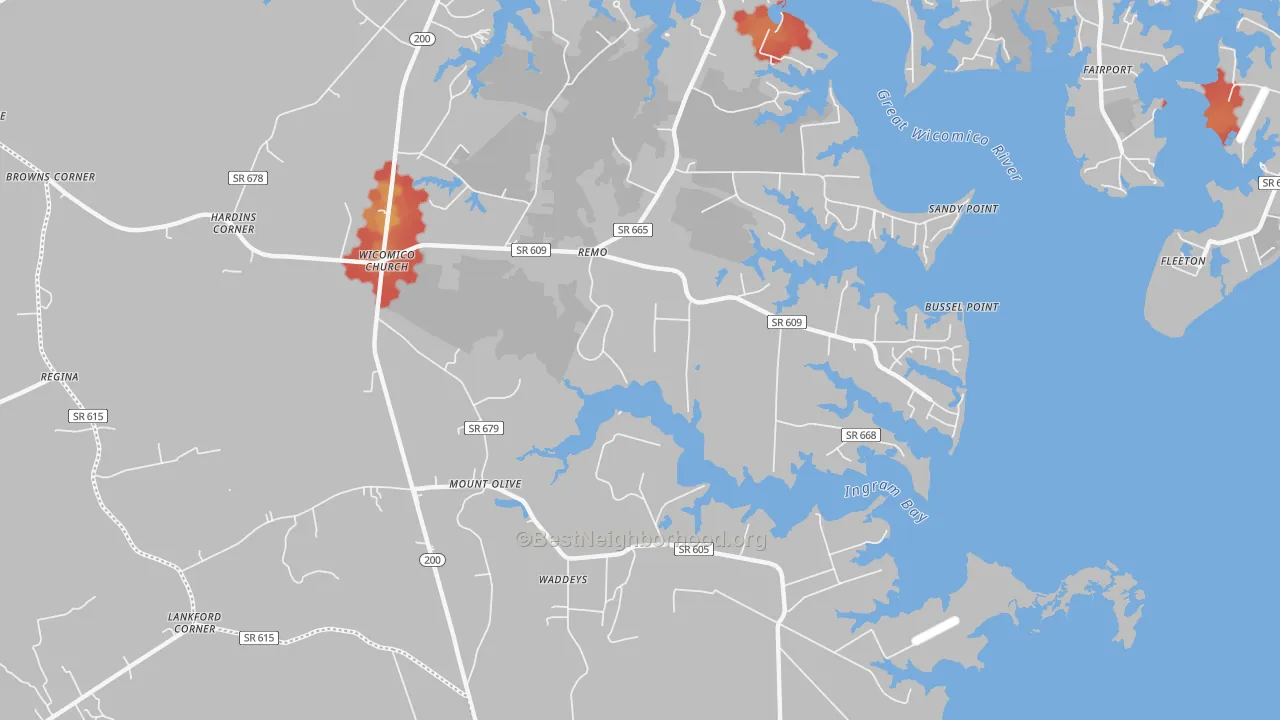 Walk Grade map of Wicomico Church, VA, walkable areas in green and car-dependent areas in red