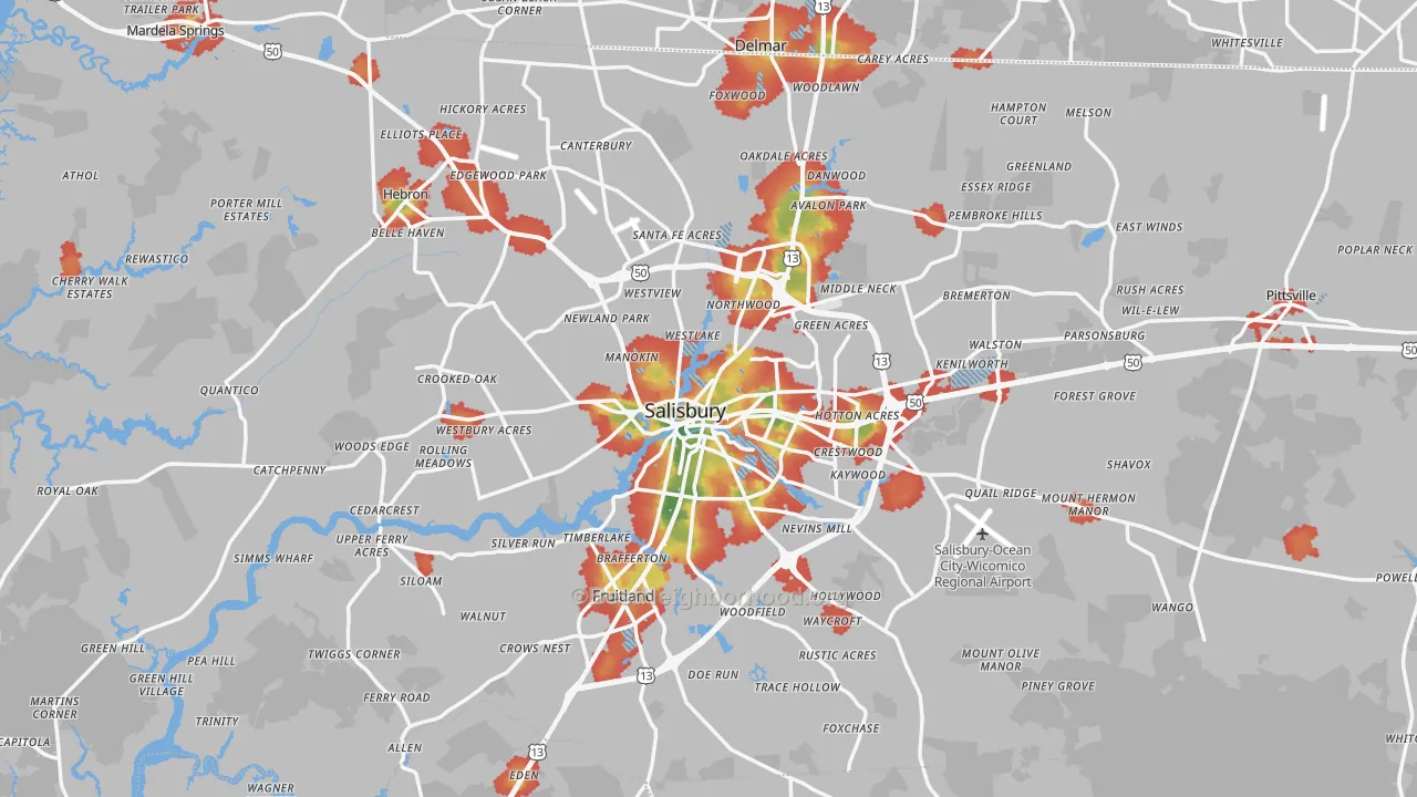Walk Grade map of Wicomico County, MD, walkable areas in green and car-dependent areas in red