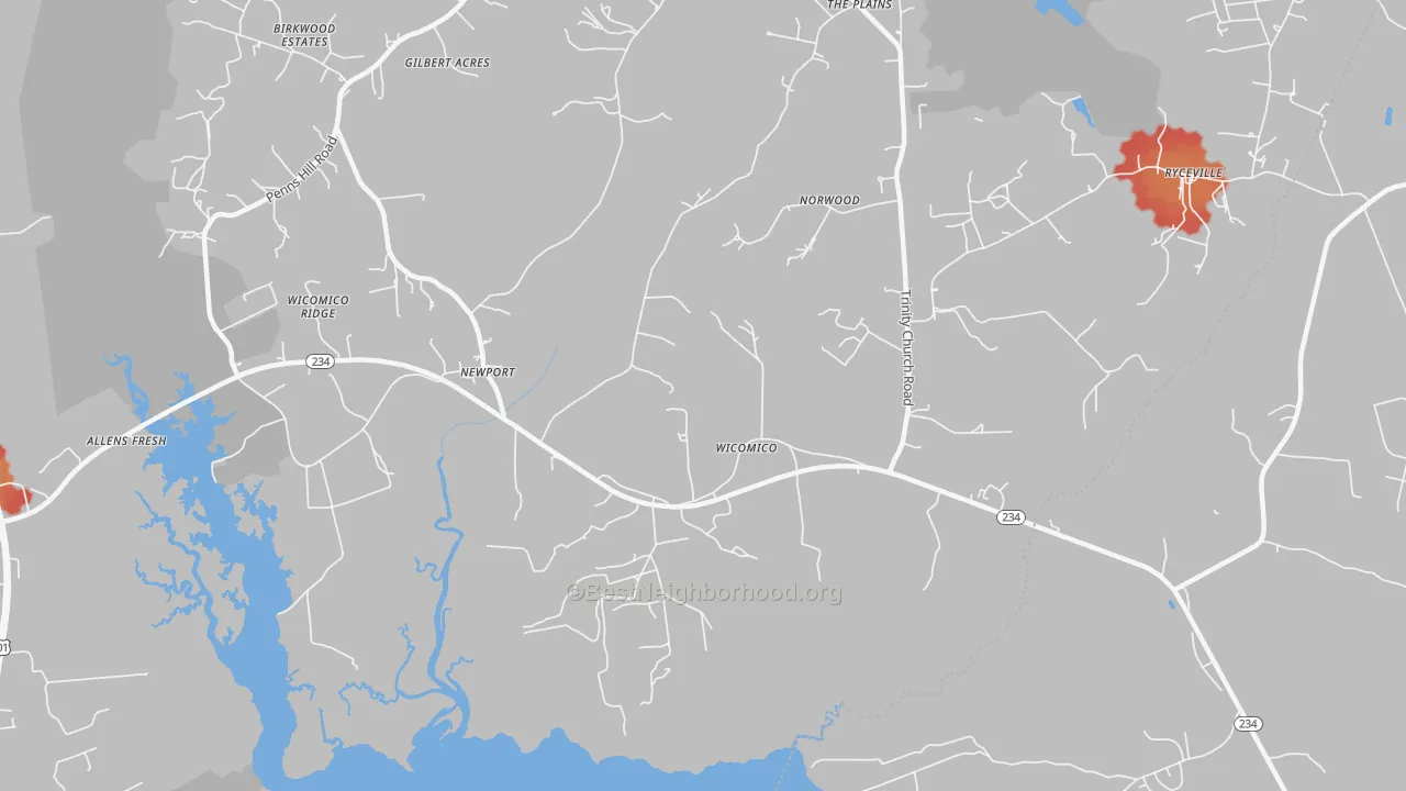 Walk Grade map of Wicomico, MD, walkable areas in green and car-dependent areas in red